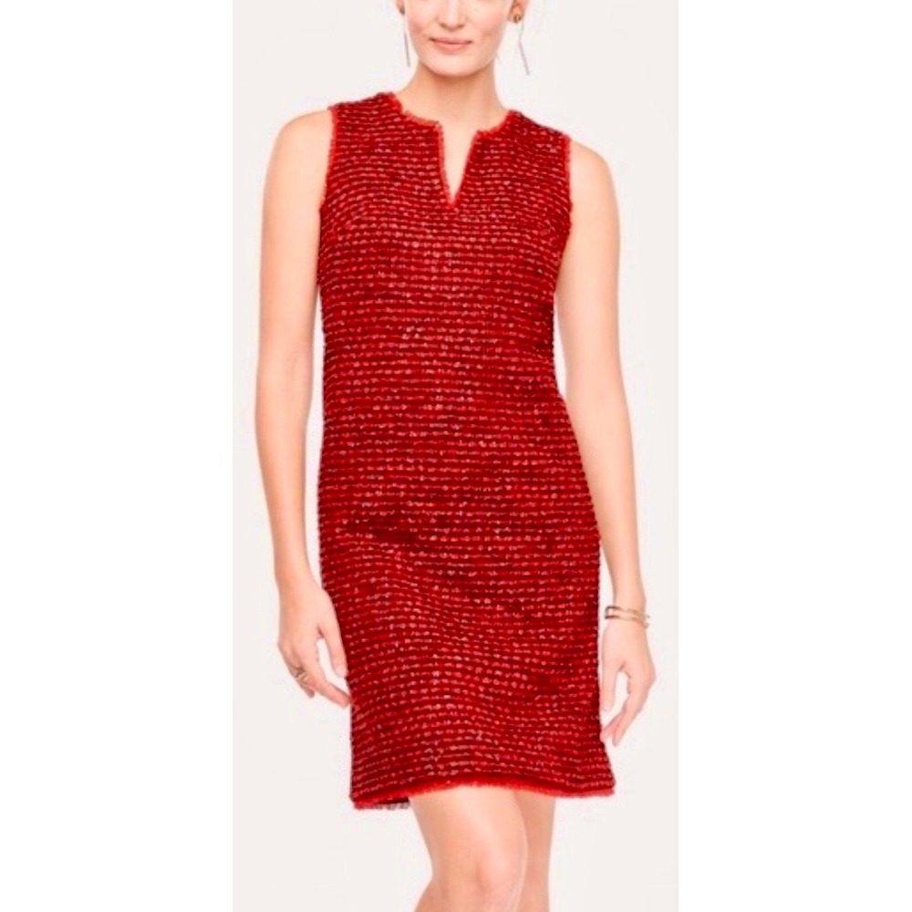 Ann Taylor‎ Red Black Textured Tweed Fringe Shift Dress Sleeveless Split Neck 6t